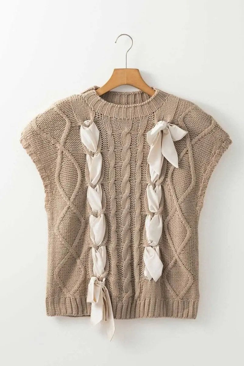 Chic Taupe Colorblocked Cable Knit Sweater with Satin Bow Detail - Love Salve